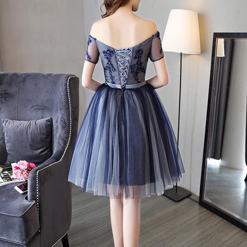 Cheap Off Shoulder Short Sleeve Navy Homecoming Dresses 2018, CM456