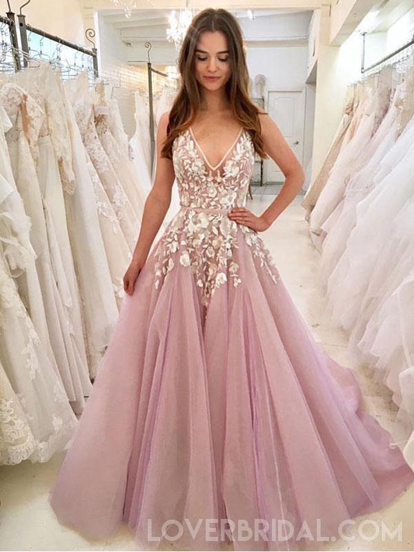 Cheap V Neck A-line Lace Pink Long Evening Prom Dresses, Cheap Custom Sweet 16 Dresses, 18445