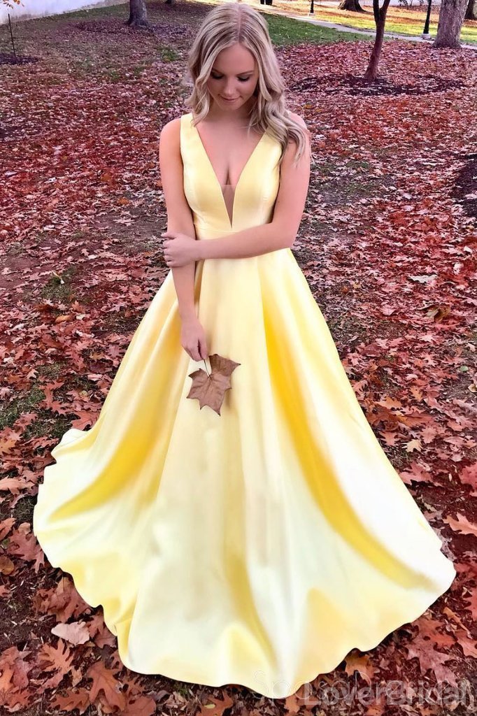 Cheap Yellow V-Neck A-line Long Evening Prom Dresses, Cheap Party Custom  Prom Dresses, 18616
