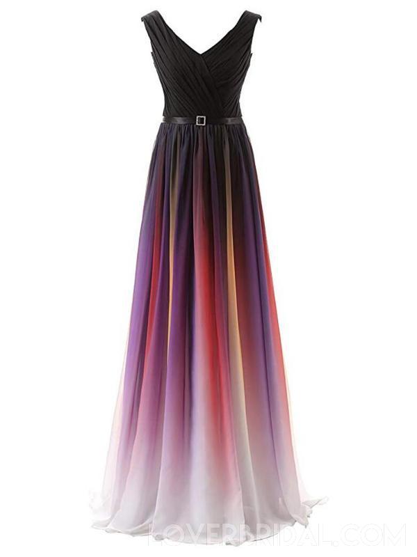 Chiffon Ombre V Neck Long Evening Prom Dresses, Custom Cheap Sweet 16 Dresses, 18391