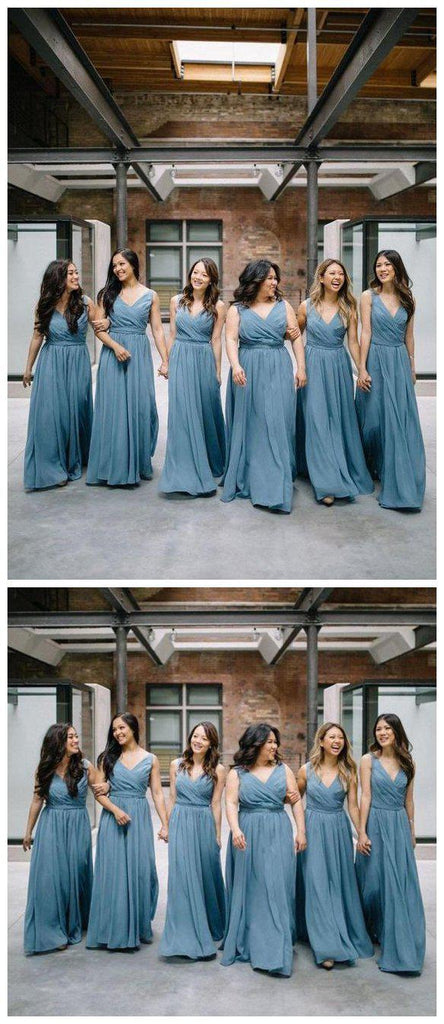 Chiffon V Neck Dusty Blue Long Cheap Bridesmaid Dresses Online, WG251