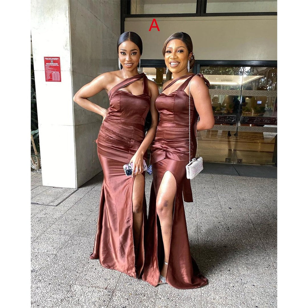 Chocolate Mermaid One Shoulder High Slit Long Bridesmaid Dresses Gown Online,WG949