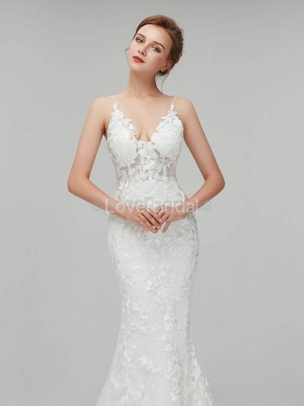 Classic Lace Straps Mermaid Cheap Wedding Dresses Online, Unique Bridal Dresses, WD560