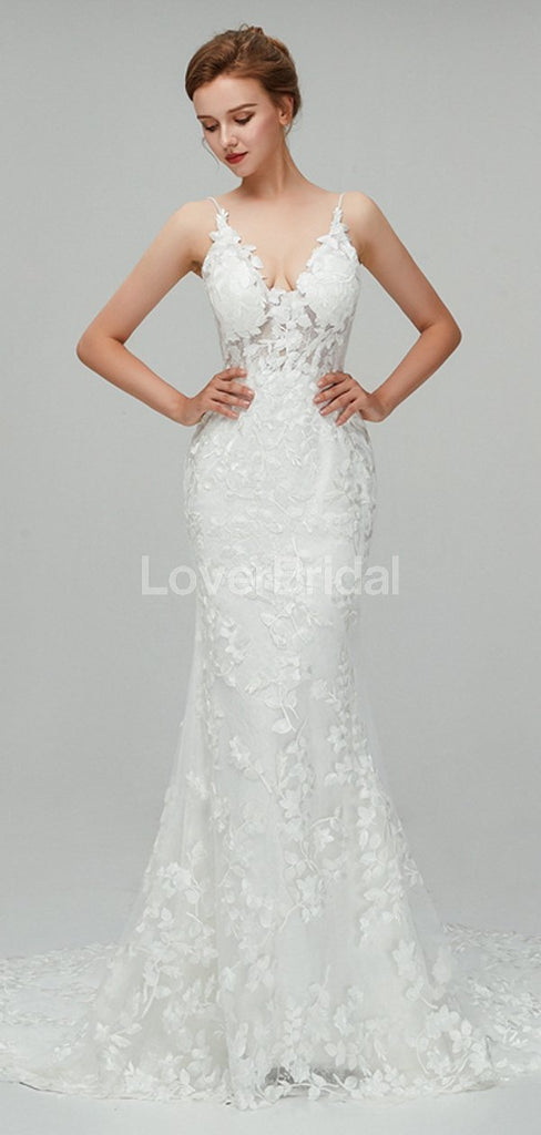 Classic Lace Straps Mermaid Cheap Wedding Dresses Online, Unique Bridal Dresses, WD560