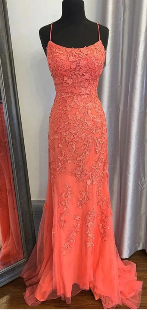 Coral Mermaid Spaghetti Straps Backless Cheap Long Prom Dresses,12711