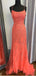 Coral Mermaid Spaghetti Straps Backless Cheap Long Prom Dresses,12711