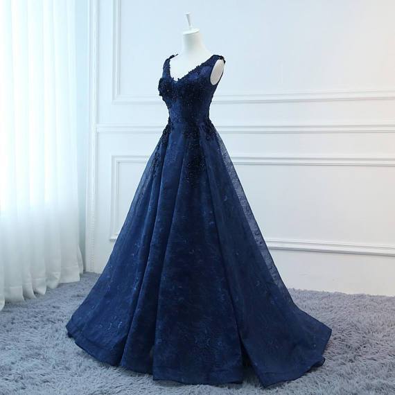 Corset Navy V Neck A-line Lace Custom Long Evening Prom Dresses, 17716