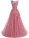 Custom 2022 Formal Pink Lace A-line Long Evening Prom Dresses, 17669
