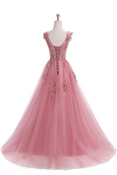 Custom 2022 Formal Pink Lace A-line Long Evening Prom Dresses, 17669