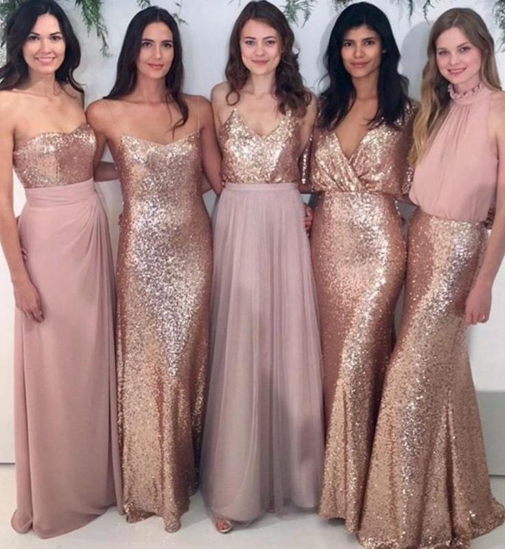 Custom Sparkly Mismatched Sequin Long Bridesmaid Dresses, Cheap Rose Gold Custom Long Bridesmaid Dresses, Affordable Bridesmaid Gowns, BD103