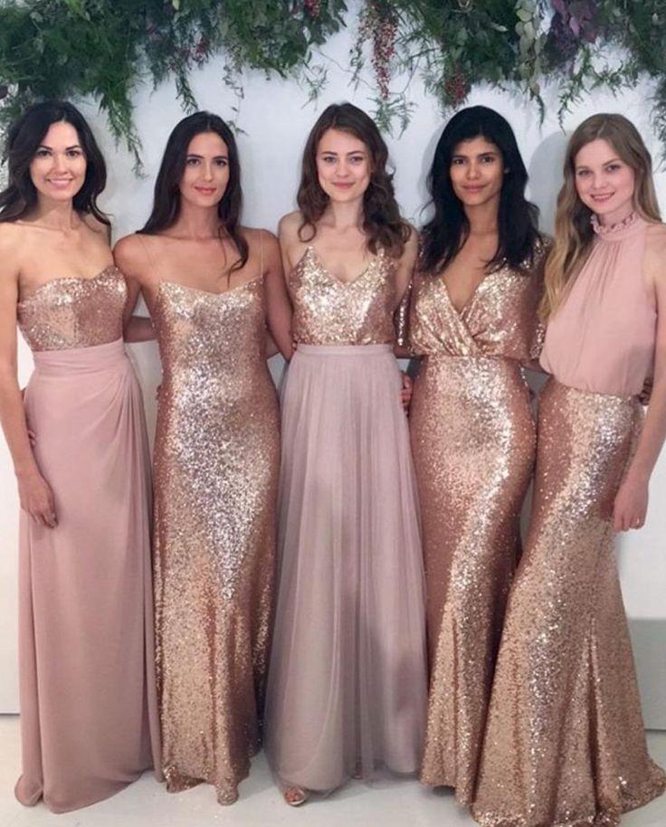 Custom Sparkly Mismatched Sequin Long Bridesmaid Dresses, Cheap Rose Gold Custom Long Bridesmaid Dresses, Affordable Bridesmaid Gowns, BD103