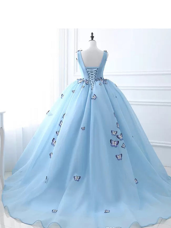 Cute Blue A-line V-neck Cheap Long Prom Dresses, Dance Dresses,12723