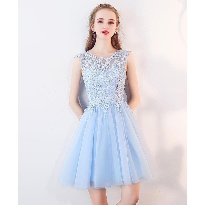 Cute Blue Illusion Lace Cheap Short Homecoming Dresses Online, CM537