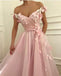 Cute Floral Pink A-line Off Shoulder Cheap Long Prom Dresses Online,12493