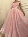 Cute Floral Pink A-line Off Shoulder Cheap Long Prom Dresses Online,12493