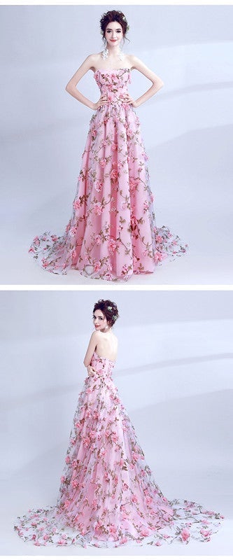 Cute Floral Pink A-line Sweetheart Long Prom Dresses Online, Dance Dresses,12560