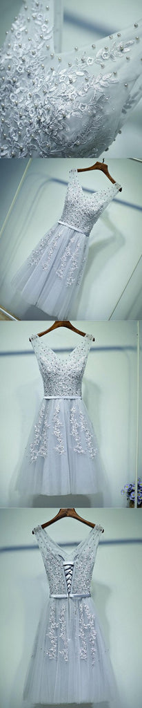 Cute Gray Lace v Neckline Short Homecoming Prom Dresses, Affordable Corset Back Short Party Prom Dresses, Perfect Homecoming Dresses, CM247