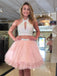 Cute Halter Two Piece Beaded Short Pink Homecoming Dresses 2018, CM488