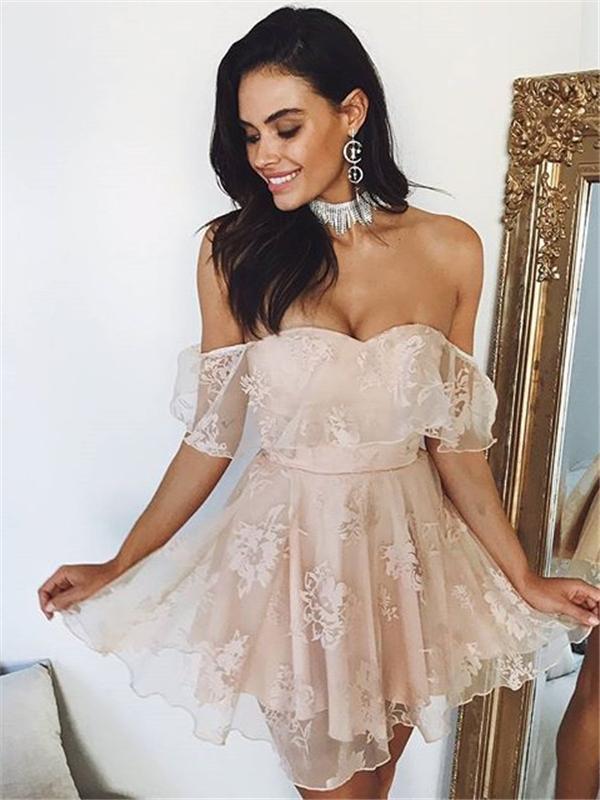 Cute Off Shoulder Lace Short Homecoming Dresses Online, CM540