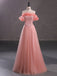 Cute Pink A-line Off Shoulder Cheap Long Prom Dresses Online,12803