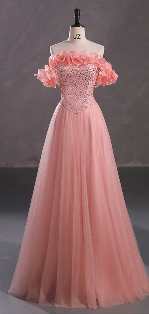 Cute Pink A-line Off Shoulder Cheap Long Prom Dresses Online,12803