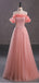 Cute Pink A-line Off Shoulder Cheap Long Prom Dresses Online,12803