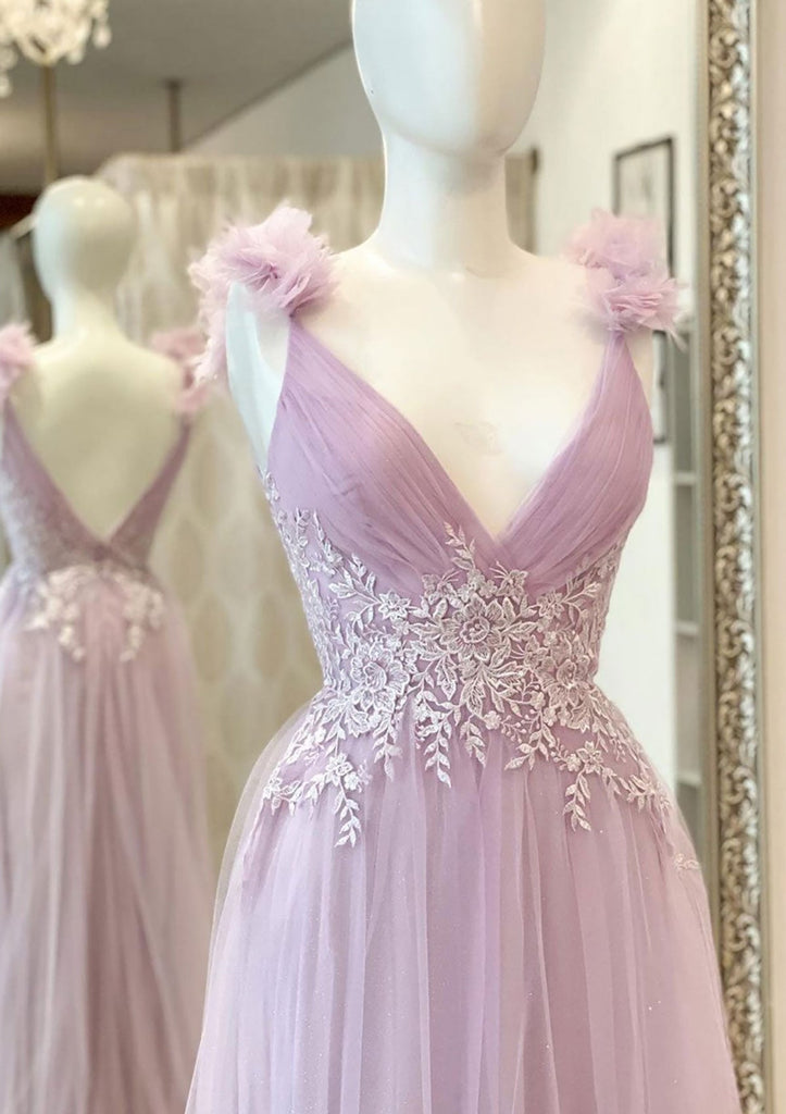 Cute Pink A-line V-neck Cheap Maxi Long Prom Dresses Online,13043