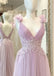 Cute Pink A-line V-neck Cheap Maxi Long Prom Dresses Online,13043