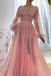 Cute Pink A-line V-neck Long Sleeves Maxi Long Party Prom Dresses,13082