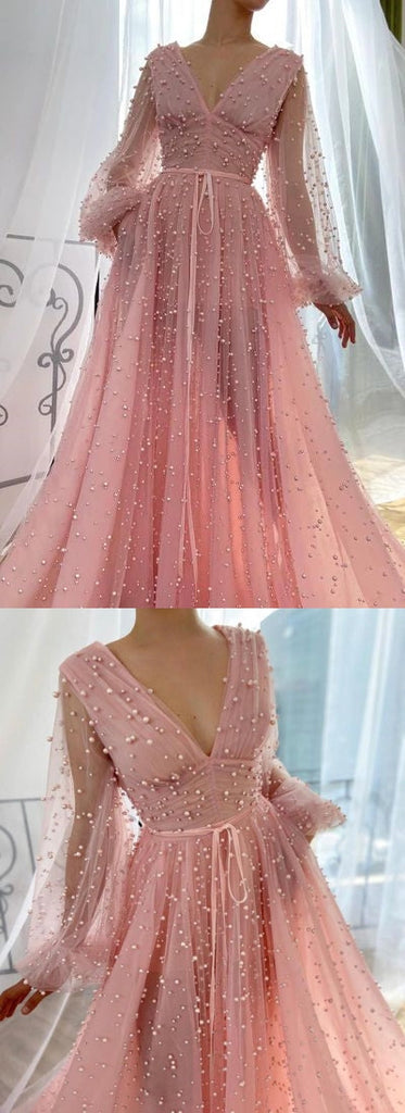 Cute Pink A-line V-neck Long Sleeves Maxi Long Party Prom Dresses,13082