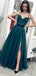 Dark Green A-line Spaghetti Straps High Slit Long Prom Dresses Online,12509