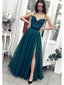 Dark Green A-line Spaghetti Straps High Slit Long Prom Dresses Online,12509