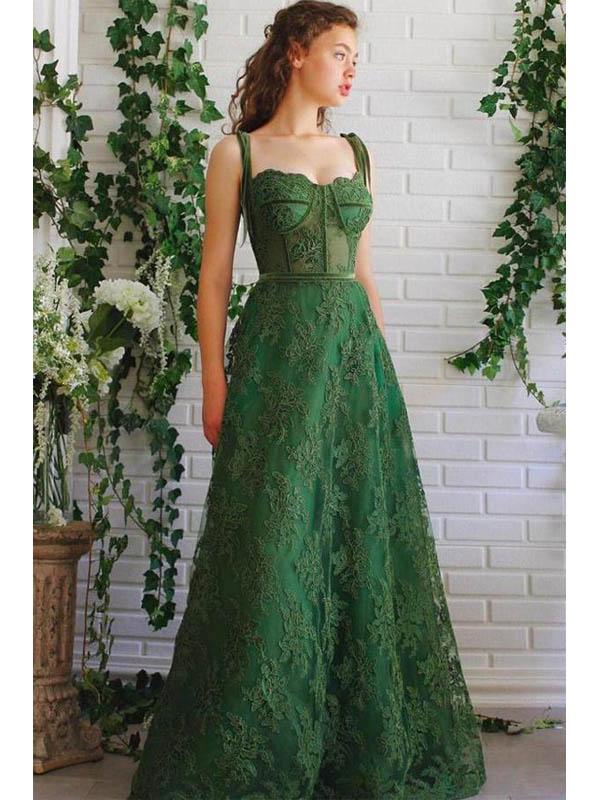 Dark Green A-line Spaghetti Straps Long Prom Dresses Online, Dance Dresses,12511