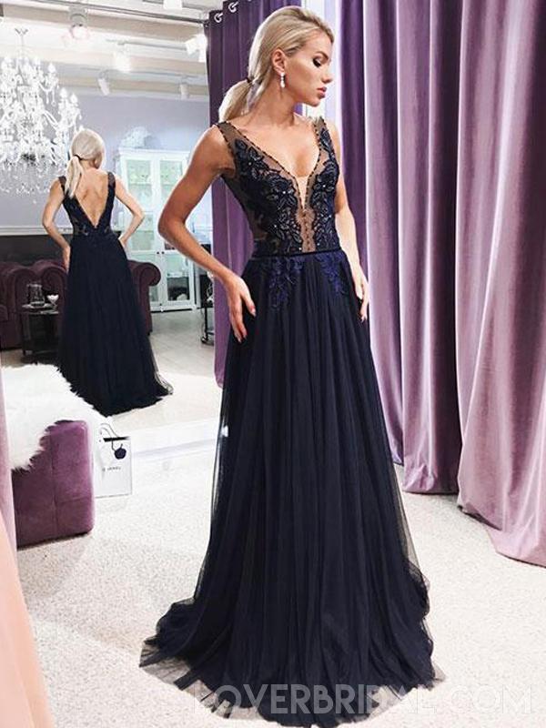 Dark Navy Blue V Neck See Through Long Evening Prom Dresses, Cheap Custom Sweet 16 Dresses, 18455