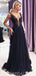 Dark Navy Blue V Neck See Through Long Evening Prom Dresses, Cheap Custom Sweet 16 Dresses, 18455