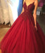 Dark Red A line Lace Beaded V Neckline Long Evening Prom Dresses, Popular Cheap Long Party Prom Dresses, 17274
