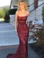 Dark Red Backless Sequin Mermaid Long Evening Prom Dresses, 17708