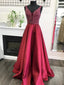 Dark Red Deep V Neckline Heavily Beaded A line Long Evening Prom Dresses, Popular Cheap Long Party Prom Dresses, 17261