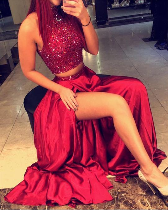 Dark Red Halter Open Back Beaded Floor Long Custom Evening Prom Dresses, 17423