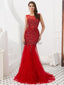 Dark Red Heavily Beaded Feather Mermaid Evening Prom Dresses, Evening Party Prom Dresses, 12098