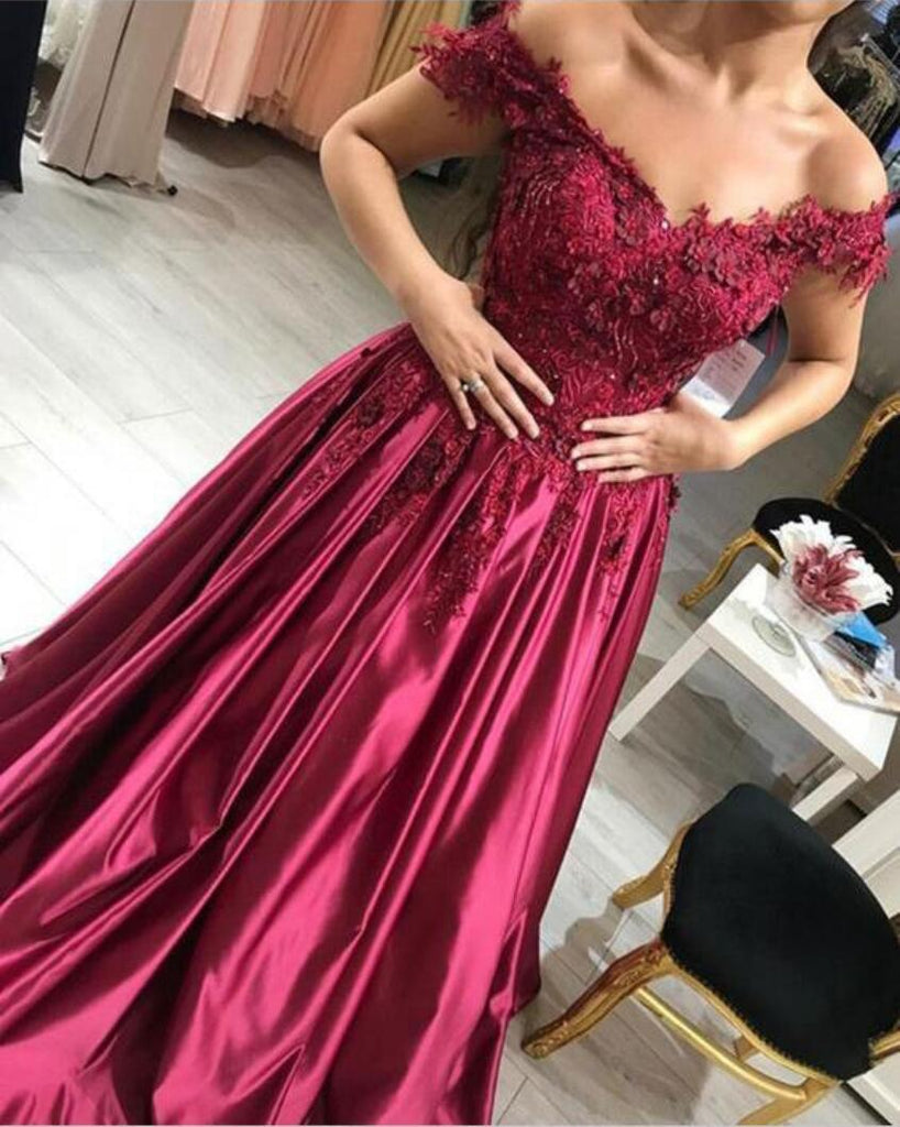 Dark Red Off Shoulder Lace A line Long Evening Prom Dresses, 17468