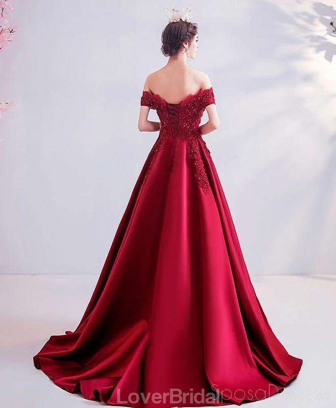 Dark Red Off Shoulder Lace Beaded Evening Prom Dresses, Evening Party Prom Dresses, 12206