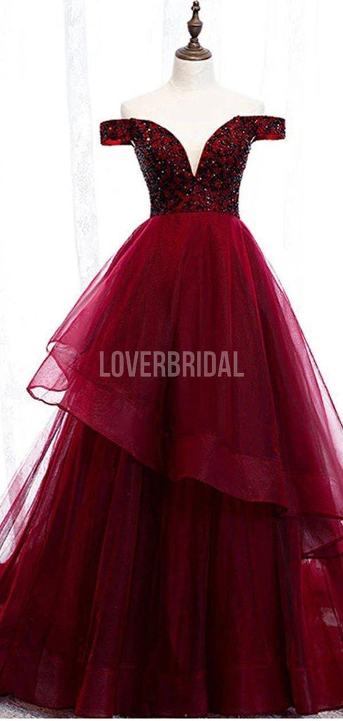 Dark Red Off Shoulder Ruffle Long Evening Prom Dresses, Evening Party Prom Dresses, 12217