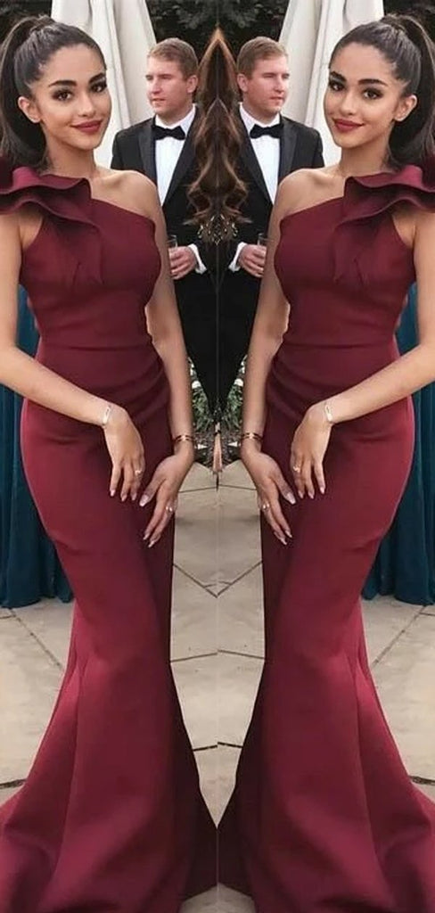 Dark Red One Shoulder Sexy Mermaid Long Bridesmaid Dresses Gown Online,WG911