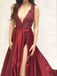 Dark Red Sexy V Neck Side Slit A-line Cheap Evening Prom Dresses,17498