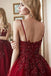 Dark Red Spaghetti Straps Lace Beaded A-line Long Evening Prom Dresses, Evening Party Prom Dresses, 12315