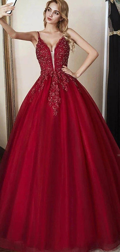 Dark Red Spaghetti Straps Lace Beaded A-line Long Evening Prom Dresses, Evening Party Prom Dresses, 12315