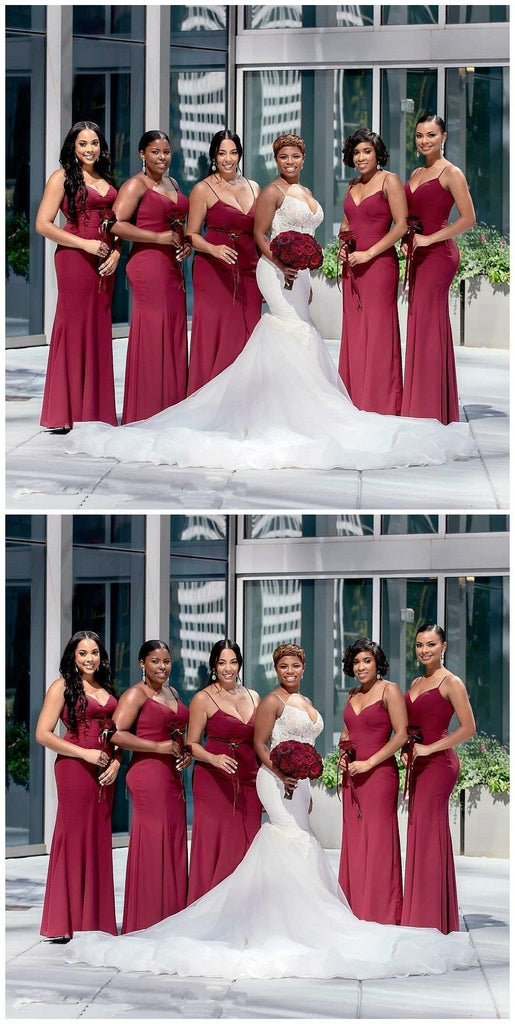 Dark Red Spaghetti Straps Mismatched Mermaid Short Cheap Bridesmaid Dresses Online, WG660