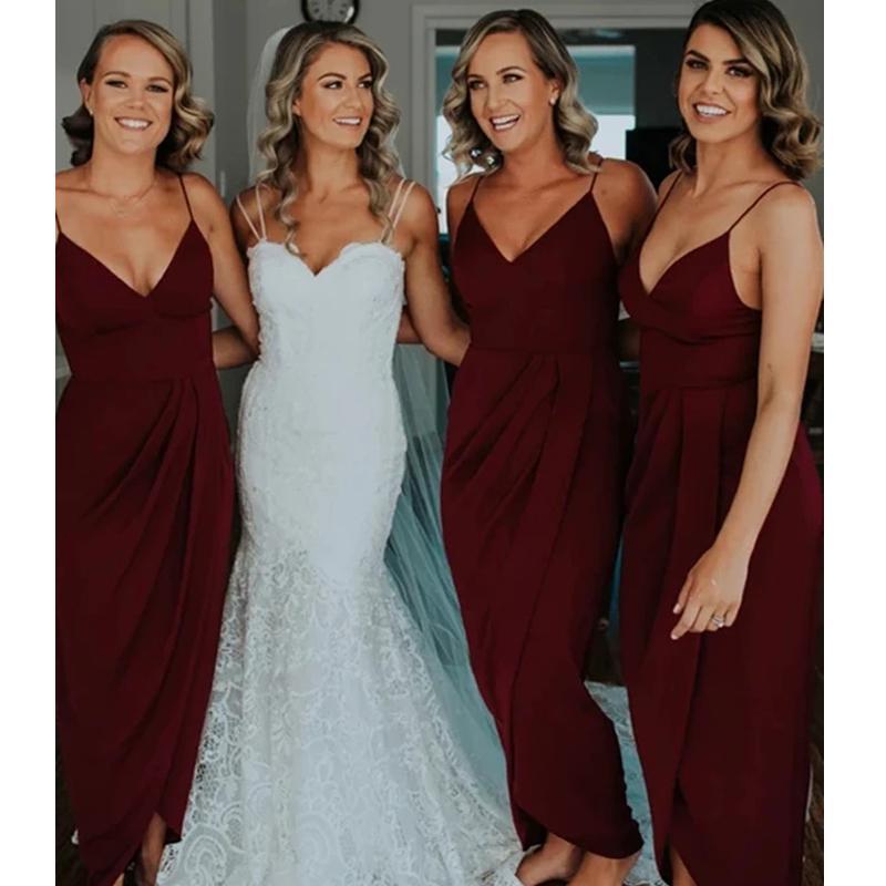 Dark Red Spaghetti Straps Tea Length Bridesmaid Dresses Online, Cheap Bridesmaids Dresses, WG730