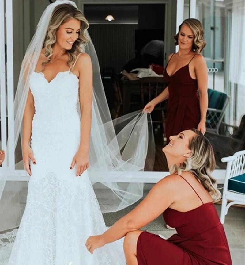 Dark Red Spaghetti Straps Tea Length Bridesmaid Dresses Online, Cheap Bridesmaids Dresses, WG730